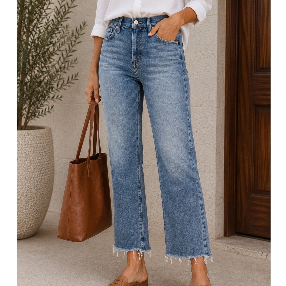 Madewell Mid-Rise Kick Out Jeans Blue Preppy Chic Raw Hem Flare Denim Size 27‎